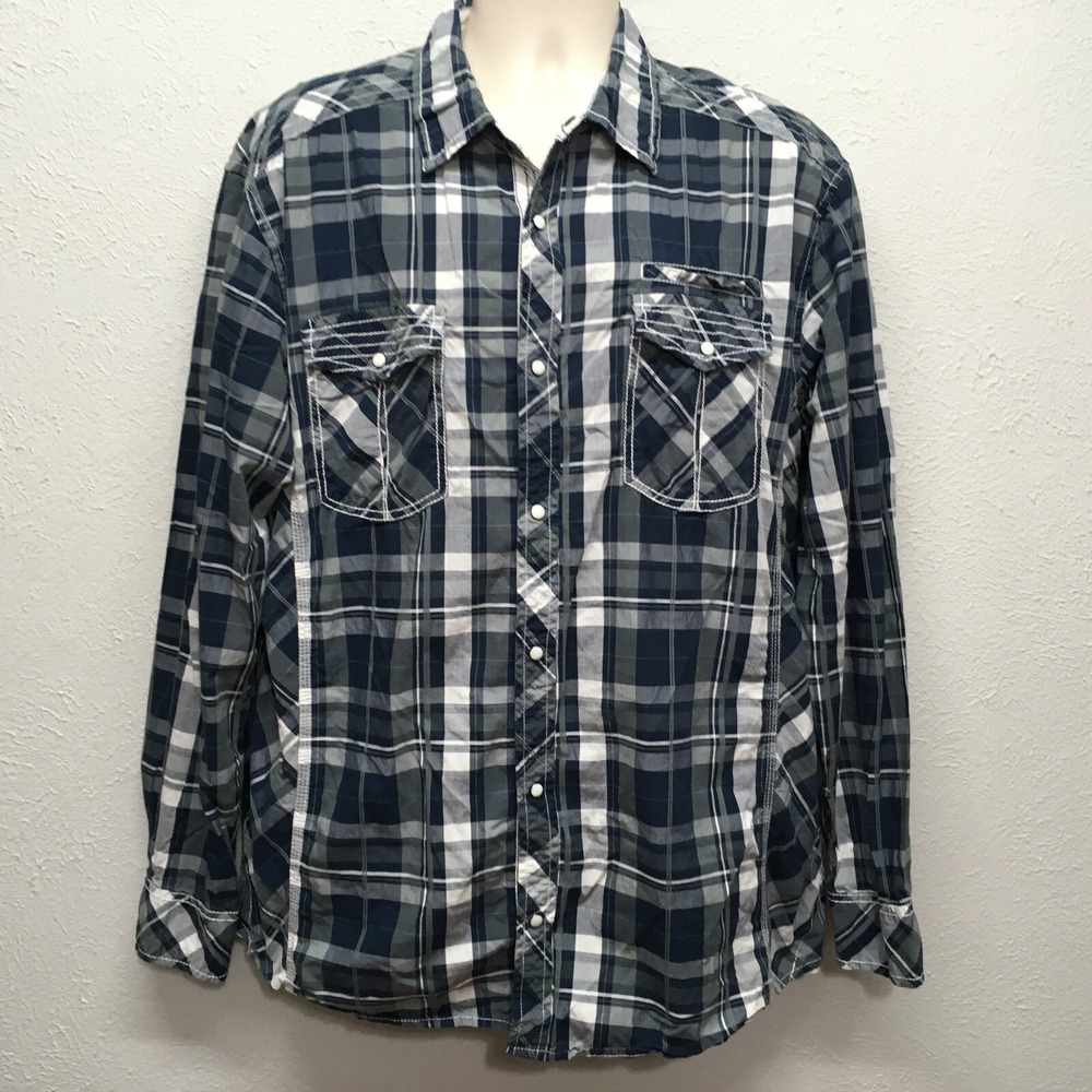 BKE Mens XXL Athletic Fit Western Shirt Snap Front Plaid Blue Long Sleeve